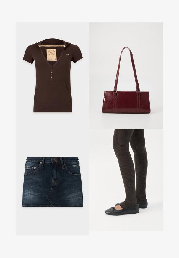 Dark brown short-sleeve hooded shirt with front buttons, kangaroo pocket, and small brand logo on the chest.; Dark blue denim mini skirt with front button, zipper, belt loops, front and back pockets, and subtle faded details, lying flat on a white background.; Legs wearing dark ribbed leggings paired with black ballet flats featuring small bow details on a white background.; Burgundy handbag made of glossy material, rectangular shape, with two shoulder straps and subtle curved accents on the front.