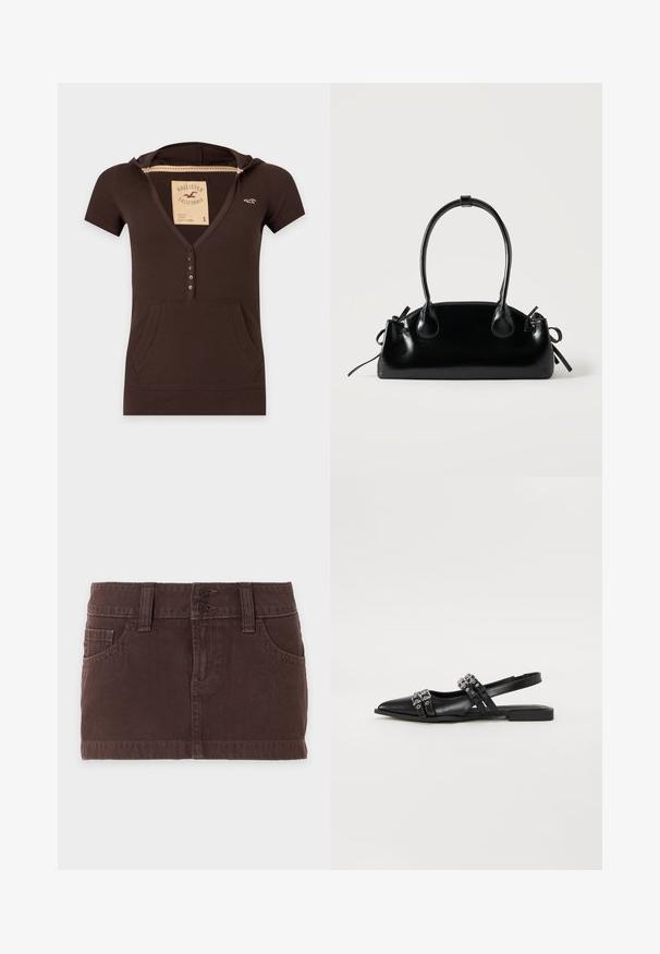 Dark brown short-sleeve hooded shirt with front buttons, kangaroo pocket, and small brand logo on the chest.; Brown denim mini skirt with front pockets, belt loops, and dual button closure against a plain light background.; Even&Odd by Zalando Slingback ballet pumps - black; Small black glossy handbag with two long handles and side drawstring details on a plain light background.