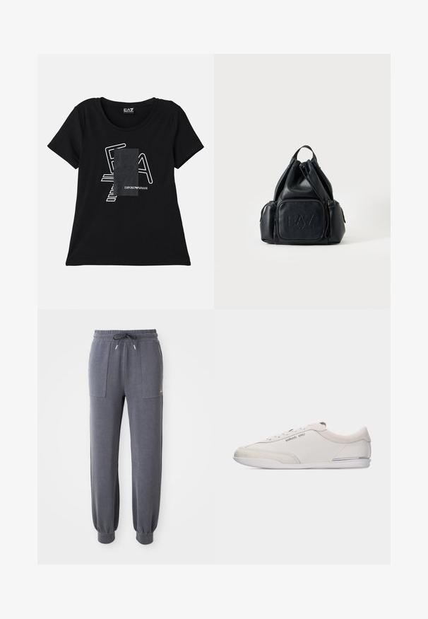 Camiseta de algodón negra con escote redondeado, que presenta un diseño gráfico blanco y un logo en la parte delantera. Mangas cortas, corte relajado.; Pantalones de chándal grises hechos de una tela suave, con cintura elástica y cordón, dos bolsillos delanteros y puños ajustados en los tobillos.; Zapatilla de perfil bajo blanca y beige con cordones, detalles en cuero liso y ante, con un pequeño logo de Michael Kors en el lateral.; Mochila negra de cuero con cordón, con bolsillos delanteros y laterales con cremallera, con el logo "EA7 Emporio Armani" en relieve en el bolsillo delantero.