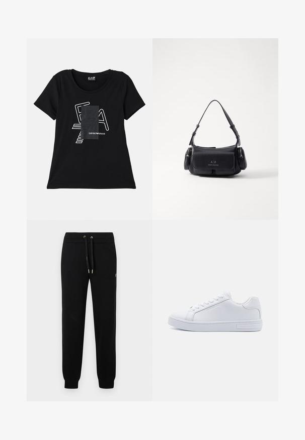 Camiseta de algodón negra con escote redondeado, que presenta un diseño gráfico blanco y un logo en la parte delantera. Mangas cortas, corte relajado.; Pantalones jogger negros con cintura elástica y cordón, puños acanalados y sutil detalle del logo en la pierna lateral.; Zapatillas bajas de cuero blanco con puntera redonda, suela de goma plana y detalle del logo en el lateral. Presenta seis pares de ojales y acentos texturizados.; Bolso de mano de cuero negro con una sola correa para el hombro, cuenta con un bolsillo con solapa en la parte frontal y compartimentos con cremallera a los lados. Textura suave con detalle del logotipo.