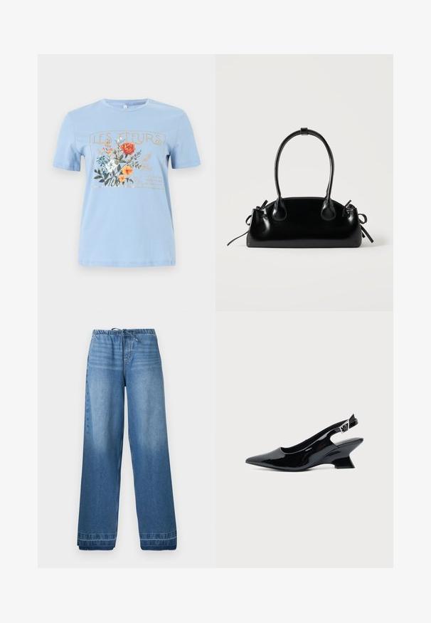 T-shirt bleu clair à manches courtes avec un motif floral et le texte "LES FLEURS" en or au-dessus de fleurs orange, blanches et bleues.; Pantalon en denim bleu à jambes larges avec ceinture élastique et cordon de serrage, présentant des zones légèrement délavées et des ourlets cousus.; Chaussure slingback en cuir verni noir avec bout pointu et petit talon bloc incliné sur fond clair uni.; Petit sac à main noir brillant avec deux longues anses et des détails à cordon sur les côtés sur un fond clair uni.