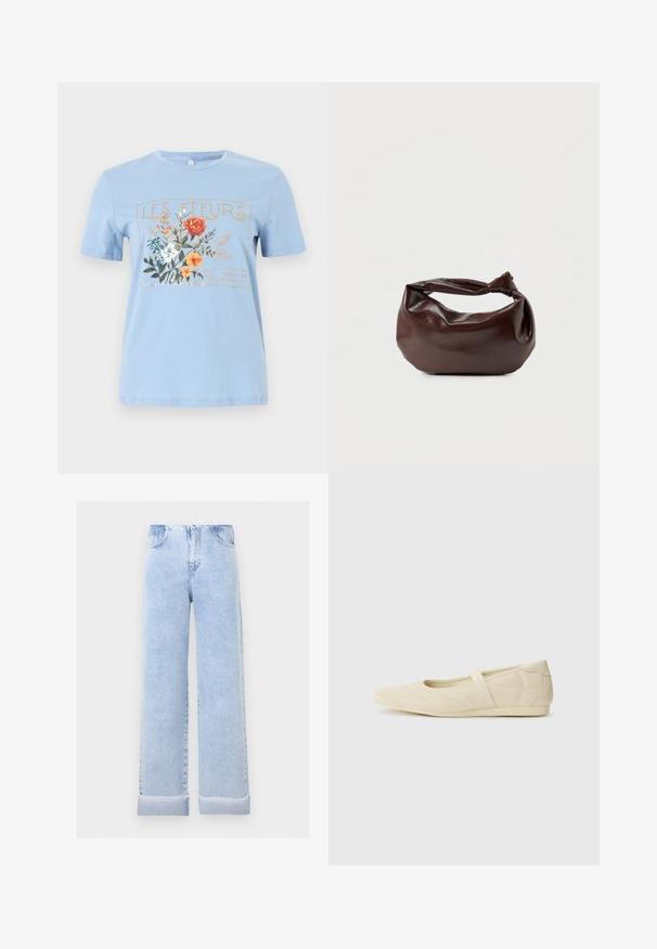 T-shirt bleu clair à manches courtes avec un motif floral et le texte "LES FLEURS" en or au-dessus de fleurs orange, blanches et bleues.; Jean large bleu clair avec revers roulés et poches avant, présenté sur un fond gris clair uni.; Ballerines beiges avec une exterior en cuir lisse, un bout en forme d'amande et une sangle élastique sur le coup de pied, avec des détails de couture subtils.; Sac bandoulière en cuir marron foncé avec une forme souple et décontractée et une anse nouée torsadée sur un fond blanc uni.