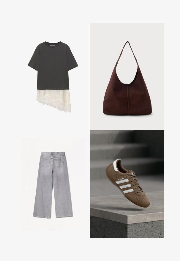 Haut noir à manches courtes avec un ourlet asymétrique orné d'une bordure en dentelle blanche dépassant sous le tissu principal.; Jean large gris à taille haute, avec une texture lisse, deux poches arrière et des détails de couture subtils.; Baskets Adidas Spezial en daim marron avec des bandes blanches et des lacets, flottant au-dessus d'un rebord en béton gris sur un fond d'escaliers flous.; Sac hobo en daim marron avec une grande ouverture courbée et une large bandoulière. Présente une couture centrée à l'avant. Texture lisse.