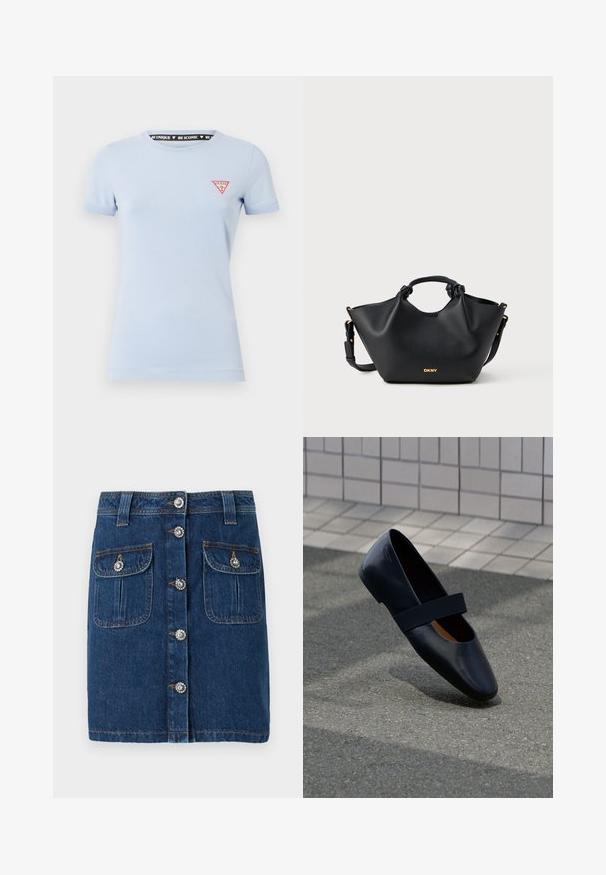 Helles blaues Baumwoll-T-Shirt mit kurzen Ärmeln. Verfügt über ein rotes dreieckiges Logo auf der linken Brust und ein schwarzes Drucketikett im Nacken.; Jeansrock in dunkelblau mit einem vorderen Knopfverschluss und dekorativen Kristallakzenten, zwei Seitentaschen und einem geraden Schnitt.; Schwarze Leder-Ballerina mit runder Zehenpartie, ausgestattet mit einem weichen schwarzen Elastikband über dem Vorderfuß. Glatte Textur und minimalistisches Design.; Schwarze Ledertasche mit strukturiertem Design, ausgestattet mit einem geknoteten Griff, goldenen Hardware-Akzenten und einem abnehmbaren Schultergurt.