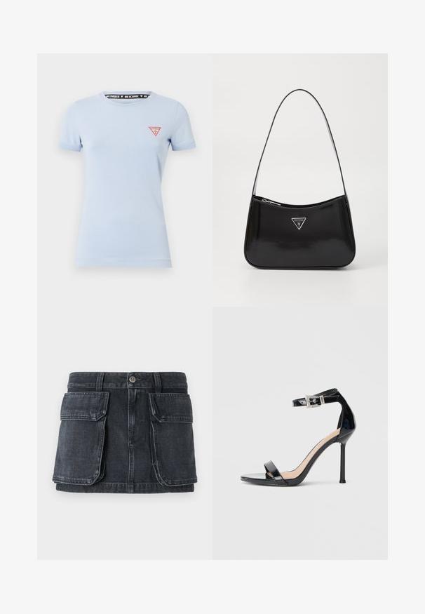 T-shirt en coton bleu clair à manches courtes. Présente un logo triangulaire rouge sur la poitrine gauche et une étiquette noire imprimée à l'intérieur du col.; Jupe en denim noir avec une taille ajustée, fermeture à boutons, deux grandes poches avant et des détails de coutures contrastantes.; Sandale à talon haut en cuir verni noir avec bride à la cheville. Présente un design minimaliste, un bout ouvert et une boucle ornée de strass.; Sac à épaule en cuir verni noir avec une forme incurvée, présentant un logo triangle en argent et une fermeture éclair. Texture lisse et bandoulière fine.