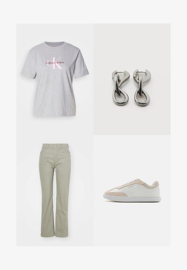 Camiseta de algodón gris con mangas cortas, escote redondo y logo de "Calvin Klein" en rosa y burdeos en la parte delantera.; Pantalones de talle alto en verde claro, con corte recto. Cuentan con bolsillos clásicos y un cierre de botón metálico en la parte delantera. Textura de tela suave.; Zapatillas de cuero blancas con detalles de ante beige y cordones blancos. Presentan una puntera redondeada y una suela acolchada para mayor comodidad.; Par de pendientes de metal con acabado plateado y diseño abstracto de bucles entrelazados sobre un fondo blanco.