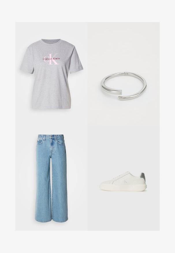 Camiseta de algodón gris con mangas cortas, escote redondo y logo de "Calvin Klein" en rosa y burdeos en la parte delantera.; Jeans de mezclilla de corte ancho en un tono azul claro, con cintura alta, diseño de cinco bolsillos y un ligero desgastado en la tela.; Zapatilla blanca de cuero con textura suave, que presenta un acento plateado en el talón, suela plana y un diseño minimalista.; Calvin Klein SPIRAL - Pulsera - silver-coloured