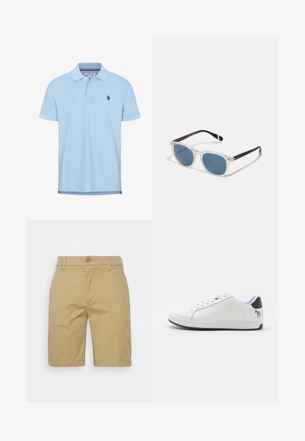 Lyseblå kortærmet polo skjorte lavet af blød bomuld. Har en tre-knaps lukning, krave og broderet logo på brystet.; Khaki shorts lavet af bomuldsblandingsstof, med knaplukning, to sidelommer og sømnet kant. Klassisk lige pasform design.; Hvid lædersneaker med en glat overflade, rund tå, marineblå hælaccent og et zebra-tryk på bagsiden. Har snørebåndsdesign.; Polo Ralph Lauren 0PH4206 - Solbriller - shiny/transparent