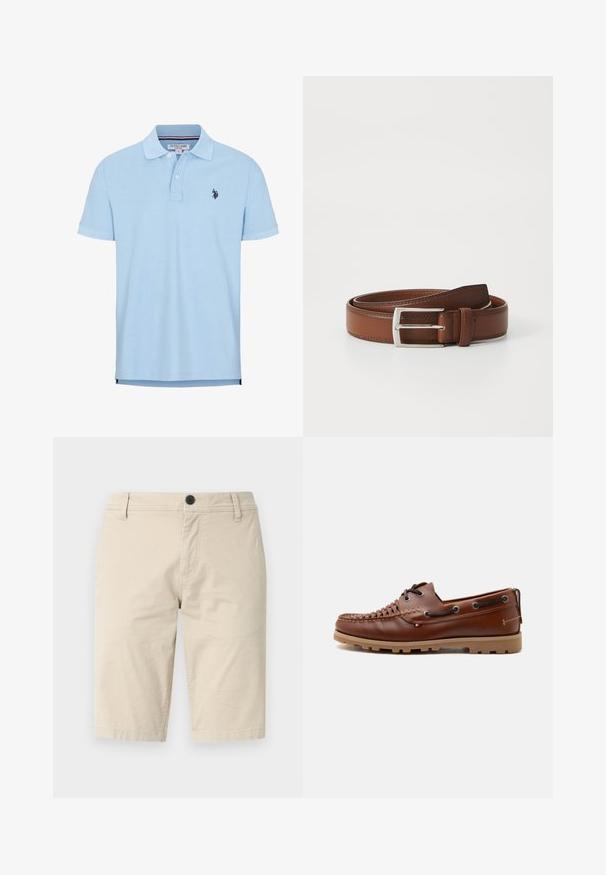 Helles blaues Polohemd mit kurzen Ärmeln aus weicher Baumwolle. Mit einer Knopfleiste mit drei Knöpfen, Kragen und besticktem Logo auf der Brust.; Beige Shorts aus leichtem Stoff mit flachem Frontdesign, einem Knopfverschluss und zwei Seitentaschen; glatte Textur.; Brauner Leder-Casual-Bootsschuh mit gewebter Zehenpartie, Schnürdetail und Gummisohle vor hellgrauem Hintergrund.; Brauner Ledergürtel mit glatter Oberfläche, ausgestattet mit einer silbernen Metallschnalle und feinen Nähten entlang der Kanten. Klassisches und robustes Design.