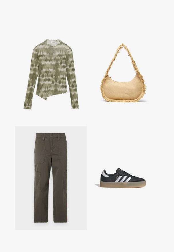 Top de manga larga, en verde de teñido anudado, con un escote y un dobladillo con forma de onda. Presenta una costura diagonal con acentos texturizados en una tela suave y ligera.; Good American CROPPED PANTS - Pantalones cargo - fatigue; Zapatilla deportiva de cuero negro con tres rayas plateadas, punta texturizada y suela de goma. Cuenta con un collar acolchado y un diseño con cordones.; Bolso beige texturizado con forma redondeada, con un borde deshilachado a lo largo de los lados y una correa corta para llevar. Apertura con cremallera en la parte superior.