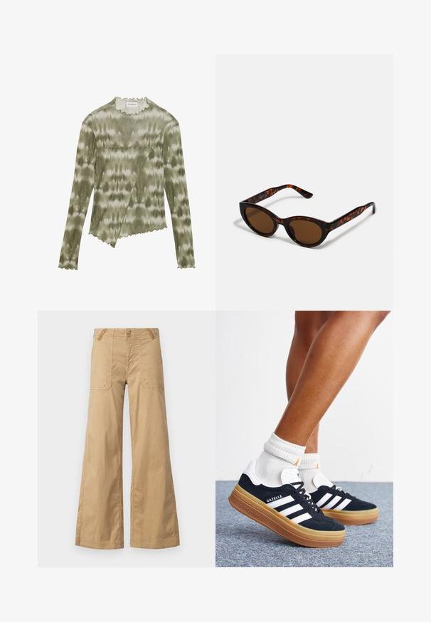 Top de manga larga, en verde de teñido anudado, con un escote y un dobladillo con forma de onda. Presenta una costura diagonal con acentos texturizados en una tela suave y ligera.; Pantalones de corte amplio color beige, hechos de algodón, con dos bolsillos frontales, botones dobles en la cintura y un diseño sin adornos.; Piernas con calcetines blancos y zapatillas Adidas Gazelle negras con rayas blancas y suelas marrones gruesas sobre un suelo alfombrado gris.; Gafas de sol de carey marrón con una forma vintage de ojo de gato y lentes marrones. Presentan brazos curvados con acentos rojos.