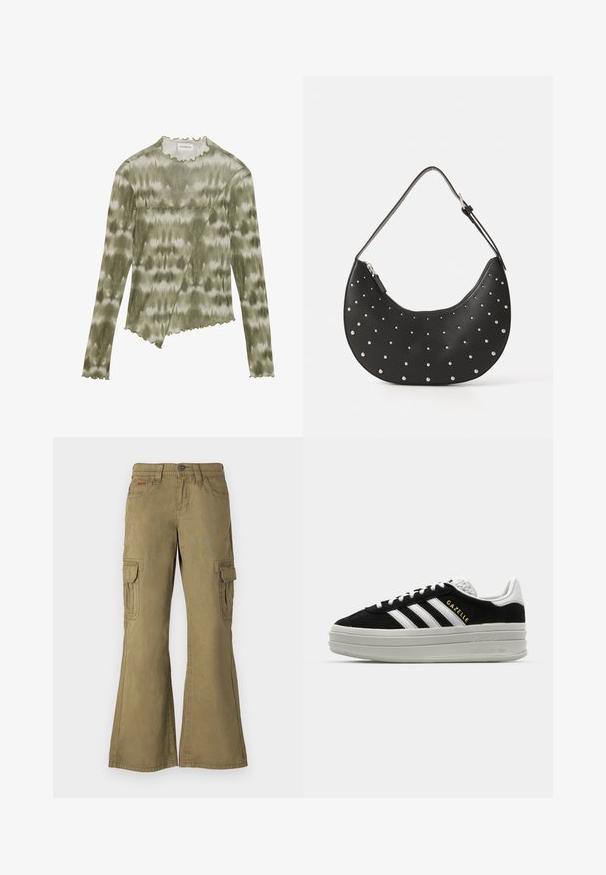 Top de manga larga, en verde de teñido anudado, con un escote y un dobladillo con forma de onda. Presenta una costura diagonal con acentos texturizados en una tela suave y ligera.; Pantalones cargo en verde oliva, fabricados en algodón. Incluyen piernas acampanadas, múltiples bolsillos laterales y un cierre de botón en la cintura.; Zapatillas negras de ante con detalles en cuero blanco, tres rayas blancas, cordones planos y una gruesa suela de plataforma gris. Marca "Gazelle" en dorado.; Bolso de mano de cuero negro con forma curva, adornado con tachuelas plateadas, cuenta con cierre de cremallera y una sola correa ajustable.
