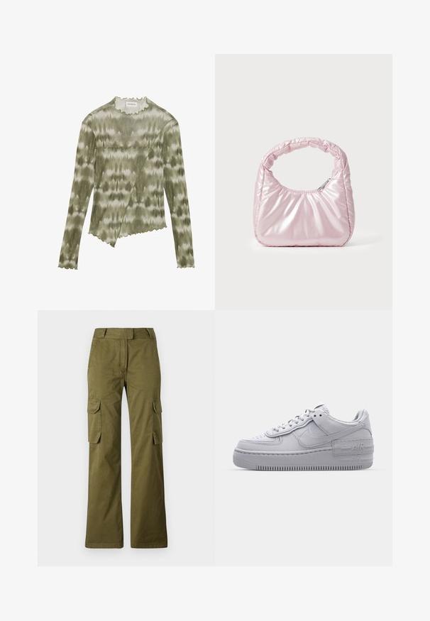 Langærmet, grøn tie-dye top med en bølgemønsteret halsudskæring og kant. Har en diagonal søm med teksturerede detaljer i et blødt, let stof.; Oliven grønne cargo bukser lavet af bomuldsblanding, med lige ben design, to sidelommer og en knaplukning i taljen.; Grå Nike Air Force 1 sneakers med perforeret tå, glat læderoverdel, tyk sål og præget 'AIR' detalje på hælen.; Rosa, polstret håndtaske med afrundet design, lavet af skinnende materiale. Har et samlet håndtag og en lynlås til sikker adgang.