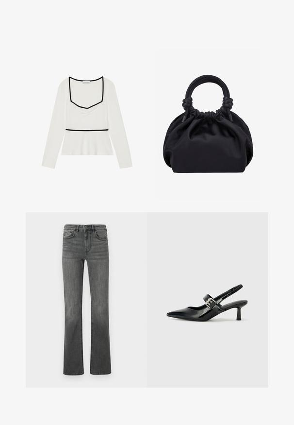 Top blanco de manga larga con escote cuadrado, ribete negro, detalle fruncido en la parte delantera y una línea de cintura imperio. Tejido suave con un ligero estiramiento.; Vaqueros acampanados en denim gris oscuro con una cintura alta, cinco bolsillos y un cierre de botón único. Textura suave con ligero desvanecimiento.; Zapatos de tacón en charol negro con tira al tobillo, punta afilada y un pequeño tacón bloque, que cuentan con un acento de hebilla plateada en la correa.; Bolso de mano de tela negra suave con parte superior fruncida y asas acolchadas circulares atadas con nudos a cada lado.