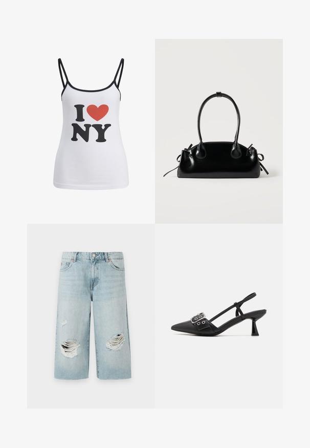 Hvid top med tynde sorte stropper, der har en stor sort "I" og "NY" tekst samt et rødt hjerte grafik imellem.; Lyseblå denimshorts med løs pasform, der har to store slidte huller foran. Fem lommer og en synlig metalknaplukning.; Simmi London DALA - Pumps - black; Lille sort blank håndtaske med to lange håndtag og snøre-detaljer i siden på en ensfarvet lys baggrund.