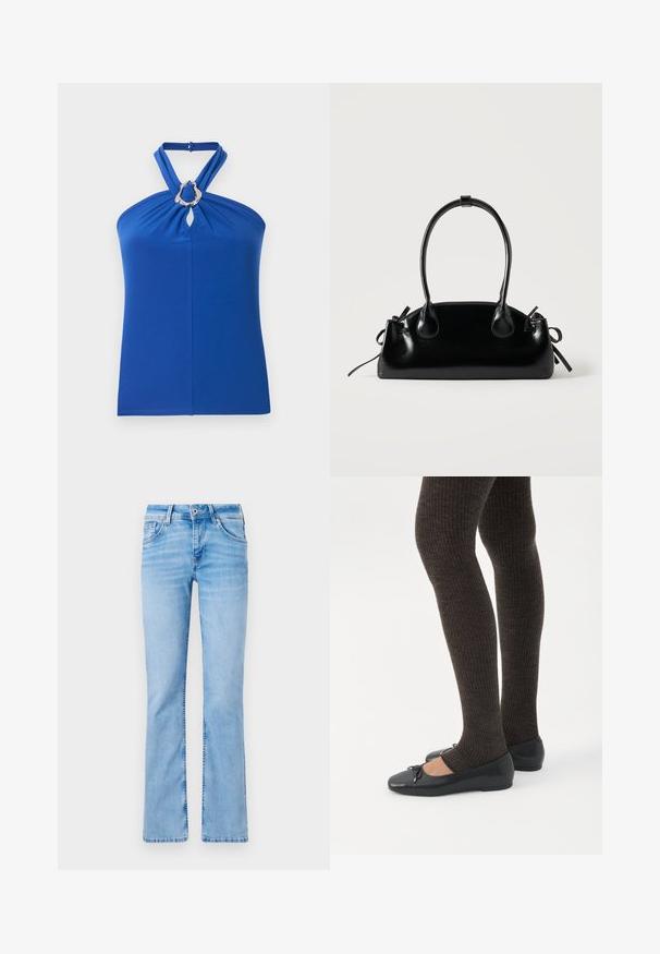 Haut licou bleu avec bretelles torsadées et détail anneau ovale argenté au niveau de l'encolure, en tissu lisse.; Jeans en denim bleu clair évasés avec cinq poches, une fermeture à bouton et des passants de ceinture, présentant des zones décolorées et une texture lisse.; Jambes portant des leggings côtelés foncés associés à des ballerines noires avec de petits détails en nœud sur fond blanc.; Petit sac à main noir brillant avec deux longues anses et des détails à cordon sur les côtés sur un fond clair uni.