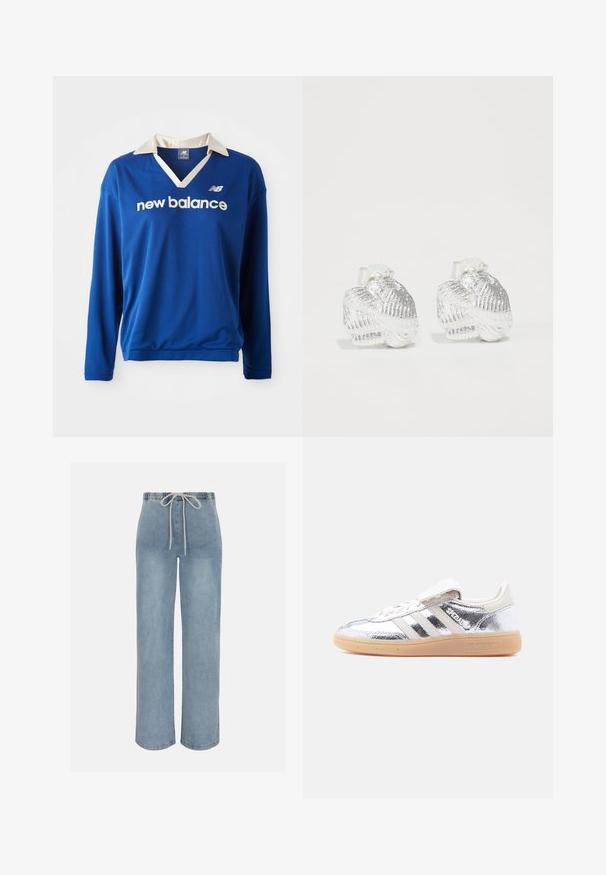 Sininen pitkähihainen urheilu-paita, jossa on valkoinen kaulus, verkko-textuuri ja "new balance" -logo valkoisena rinnan kohdalla.; Vaaleansiniset leveälahkeiset farkut, joissa on joustava vyötärönauha ja valkoinen kiristysnyöri edessä.; Hopeanvärinen metallinen Adidas Spezial -lenkkari, jossa valkoiset raidat ja kuminauhakuvio, nähtynä vasemmalta puolelta valkoisella taustalla.; Hopeakujaiset korvakorut, joissa on teksturoituja uurteita ja sileitä kaaria, mukana selkeä tausta varmistaen turvallisen käytön.