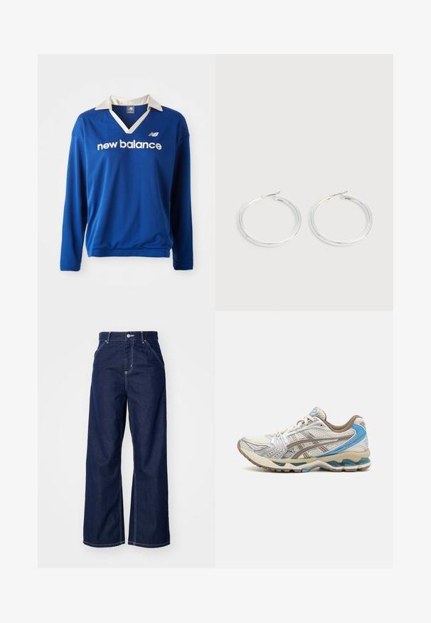 Blauw sportshirt met lange mouwen, voorzien van een witte kraag, een mesh textuur en het 'new balance' logo in het wit over de borst.; Wijd-uitlopende jeans in donkerblauwe denim, met een hoge taille, contrasterende witte stiksels en een traditionele vijf-pocket ontwerp.; Witte en beige hardloopschoen met blauwe accenten, mesh bovenwerk, gewatteerde zool en vetersluiting, getoond vanaf de buitenkant.; Een paar glanzende zilveren oorringen met dunne draadafsluitingen, getoond op een lichtgrijze achtergrond.