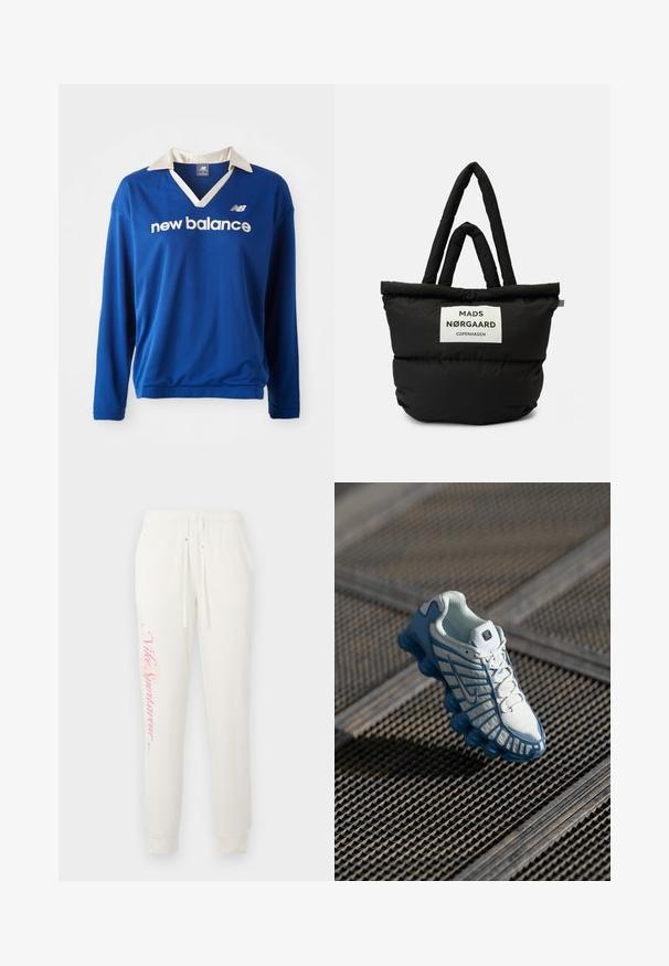 Sininen pitkähihainen urheilu-paita, jossa on valkoinen kaulus, verkko-textuuri ja "new balance" -logo valkoisena rinnan kohdalla.; Valkoiset verkkohousut, joissa on kapeampi malli, vasemmassa lahkeessa vaaleanpunainen "Nike Sportswear" -logo ja joustava vyötärö, jossa on kiristysnyöritys.; Valkoinen ja sininen urheilukenkä, jossa on verkkomateriaali yläosa ja segmentoitu pohja, lepäämässä metalliverkko-lattialla.; Musta puhujakassi, jossa on kaksinkertaiset kahvat ja valkoinen etiketti, jossa lukee "MADS NØRGAARD COPENHAGEN." Pehmeä, tikattu rakenne ja pyöreä muoto.