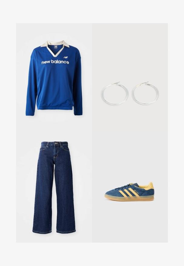 Haut de sport bleu à manches longues avec un col blanc, texture en maille et logo "new balance" en blanc sur la poitrine.; Jean ample bleu foncé en denim, doté d'une fermeture à bouton et à zip, de passants de ceinture et d'un design classique à cinq poches.; Baskets en daim bleu avec accents jaunes, comportant trois bandes jaunes, une languette texturée et une semelle extérieure en gomme translucide. Nom de la marque "Gazelle" visible.; Paire de boucles d'oreilles créoles argentées brillantes avec fermoirs en fil fin, présentée sur un fond gris clair.