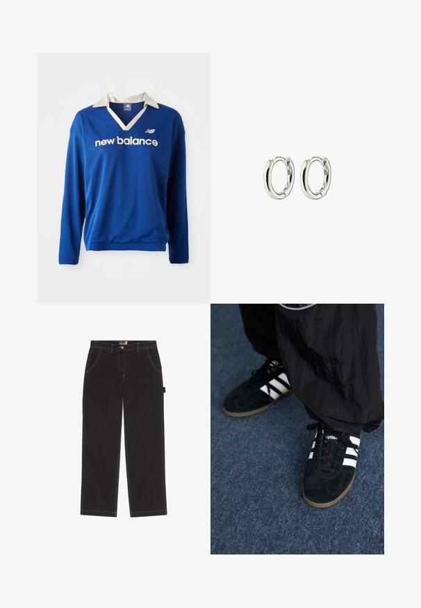 Haut de sport bleu à manches longues avec un col blanc, texture en maille et logo "new balance" en blanc sur la poitrine.; Pantalon noir en tissu résistant, avec surpiqûres contrastées, deux poches avant, une poche latérale unique et une fermeture par bouton.; Des chaussures de sport en suède noir avec trois rayures blanches et des lacets noirs. Un pantalon noir texturé est partiellement visible à côté des chaussures.; Boucles d'oreilles en argent avec une finition lisse et brillante. Forme ronde avec une fermeture sécurisée. Design minimaliste mettant en avant un détail subtil en torsion.