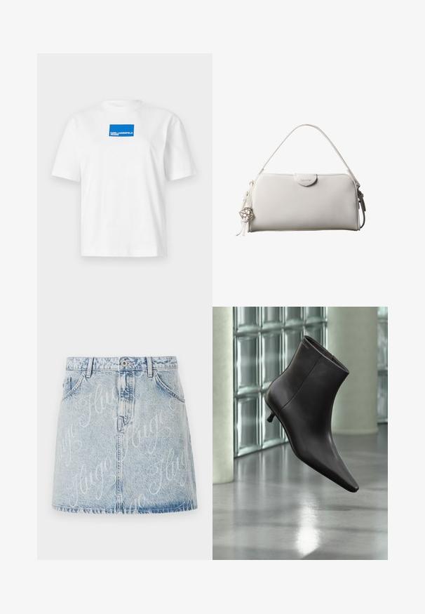 Witte katoenen T-shirt met korte mouwen en een ronde hals. Centraal geplaatst blauw rechthoekig logo met de tekst "KARL LAGERFELD JEANS".; Lichtblauwe denimrok met een vervaagde was, voorzien van een sluiting met knopen aan de voorkant en een overal "Hugo" logo-patroon. Vijf-pocket stijl.; Zwarte leren enkellaars met puntige neus en lage hak, afgebeeld tegen een glazen blokkenmuur en gepolijste vloer op de achtergrond.; Witte rechthoekige Calvin Klein handtas met enkele handgreep, minimalistisch ontwerp en decoratieve kwastjes met geometrische metalen hanger aan de zijkant.