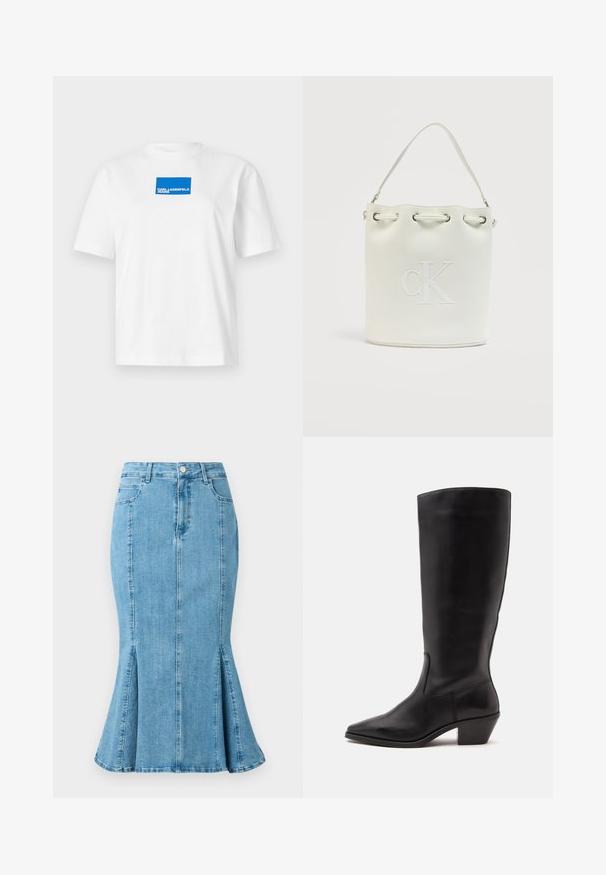 Hvid bomulds T-shirt med korte ærmer og rund hals. Centreret blåt rektangel logo med teksten "KARL LAGERFELD JEANS".; Lyseblå denim blyantskirt med flared nederdel og slidser i siden, med en frontknaplukning og lommer. Enkel, ren design.; Sort læderstøvle til midtkalv med spids tå og lavt skråt hæl på en enkel lys baggrund.; Hvid spandtaske med kort håndtag, sølvøjer og prægede "cK"-logo på forsiden.