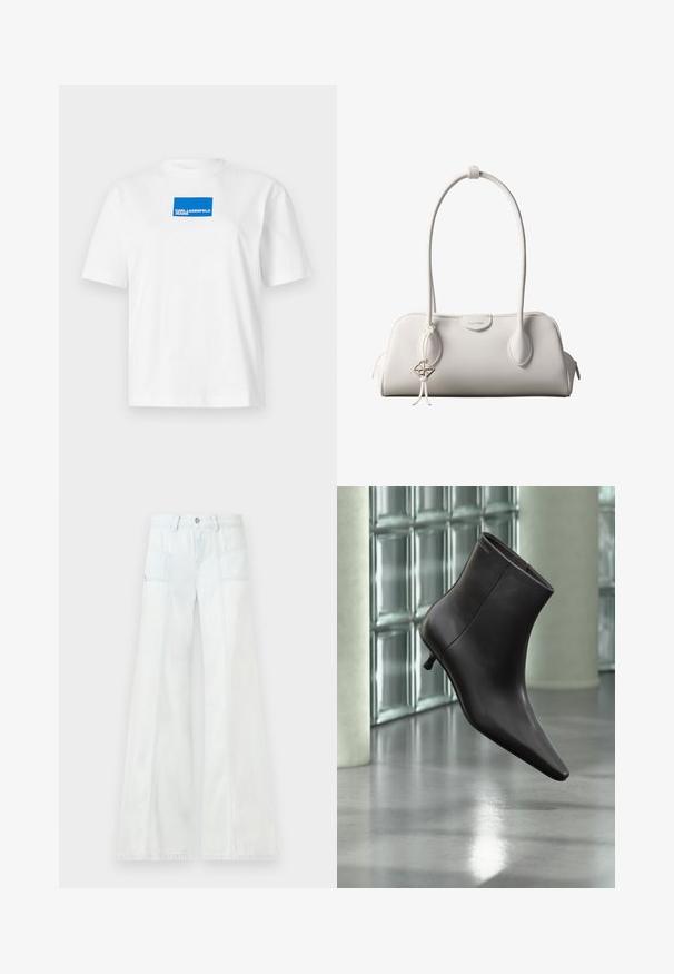 Weißes Baumwoll-T-Shirt mit kurzen Ärmeln und Rundhalsausschnitt. Zentrales blaues Rechteck-Logo mit dem Text "KARL LAGERFELD JEANS".; Hellblaue weit geschnittene Jeanshose mit aufgesetzten Taschen und Gürtelschlaufen, präsentiert vor einem schlichten Hintergrund.; Schwarzer Leder-Knöchelstiefel mit spitzer Spitze und kleinem Absatz vor einer Wand aus Glasbausteinen und einem polierten Boden.; Weiße Calvin Klein Schultertasche mit langen Griffen, rechteckiger Form, Reißverschluss und dekorativem Logo-Anhänger, der in der Nähe des Griffs hängt.