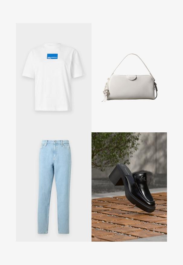 Valge puuvillane t-särk lühikeste varrukatega ja ümmarguse kaelusega. Keskel sinine ristkülikuline logo, millel on tekst "KARL LAGERFELD JEANS."; Heledad sinine teksapükste lõige, sirge jala fit, viie tasku disain ja nööbikinnitus. Omavad peent kulumist ja siledat tekstuuri.; Mustast nahast Calvin Kleini slip-on mules, millel on plokk-konts, toetub puitplaatidele õues, lähedal rohelisele taimele ja hallile seinale.; Valge ristkülikukujuline Calvin Kleini käekott ühe käepidemega, minimalistliku disainiga ja dekoratiivsete tutikestega, mille küljes on geomeetrilise metallist ripats.