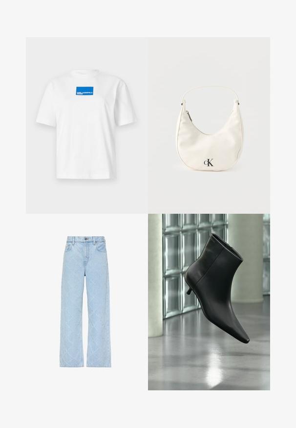 Valge puuvillane t-särk lühikeste varrukatega ja ümmarguse kaelusega. Keskel sinine ristkülikuline logo, millel on tekst "KARL LAGERFELD JEANS."; Hele sinised teksapüksid kõrge vöökohaga ja laia säärega, millel on õrn teemantmustriline tikand kogu ulatuses.; Mustast nahast pahkluu saabas terava varbaotsaga ja madala Kitsuki kontsaga, kuvatud nurga alt läikiva põranda ja klaasplokkseinaga taustal.; Väike valge poolkuu-kujuline käekott lühikese sangaga, lukuga ja musta "cK" logoga esiküljel.