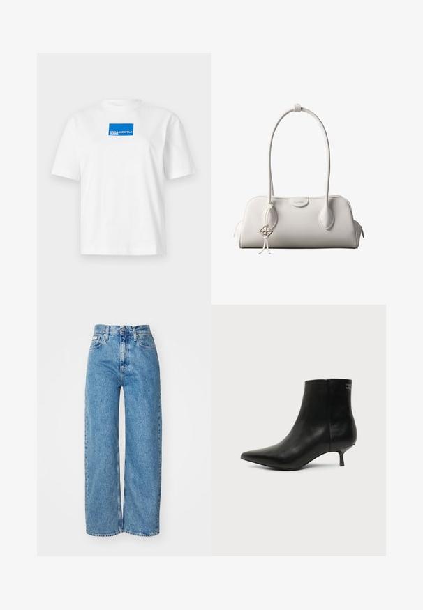 Witte katoenen T-shirt met korte mouwen en een ronde hals. Centraal geplaatst blauw rechthoekig logo met de tekst "KARL LAGERFELD JEANS".; Lichtblauwe denim wijde jeans met hoge taille, rafelrand en vijf zakken. De verslete textuur voegt diepte toe aan de stof.; Zwart leren enkellaars met puntige neus en lage kittenhak op lichte achtergrond, zijaanzicht buitenkant.; Witte Calvin Klein schoudertas met lange hengsels, rechthoekige vorm, ritssluiting en decoratieve logohanger bij het hengsel.