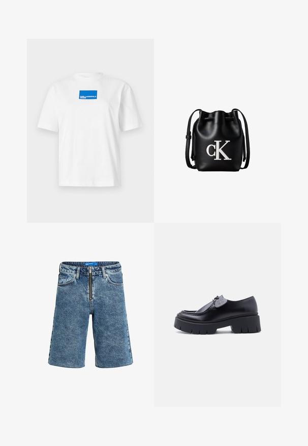 Camiseta de algodón blanca con mangas cortas y escote redondo. Logo rectangular azul centrado con el texto "KARL LAGERFELD JEANS".; Shorts de mezclilla en un lavado azul claro, con cierre de cremallera, cinco bolsillos y diseño de pierna recta con detalles de dobladillo deshilachado.; Mocasín grueso negro con plataforma y suela gruesa con dibujo, con etiqueta decorativa en el cordón, mostrado de perfil sobre fondo blanco.; Bolso tipo bucket de cuero negro con cierre de cordón en la parte superior y logotipo blanco "cK" en la parte frontal, con una correa de hombro ajustable.