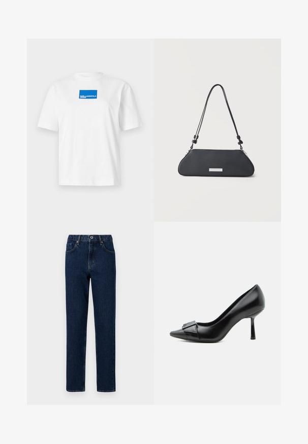 Biela bavlnená tričko s krátkymi rukávmi a okrúhlym výstrihom. Centrum má modrý obdĺžnikový logotyp s textom "KARL LAGERFELD JEANS".; Tmavomodré džínsy s rovnými nohavicami, vybavené pásom s elastickou časťou, prednými vreckami a minimálnymi švovými detailmi.; Čierna kožená topánka na vysokom podpätku s ostrou špičkou a dekoratívnou prackou vpredu, zobrazená zboku na bielom pozadí.; Čierna kožená kabelka na rameno s predĺženým tvarom trapezu, nastaviteľným remienkom a striebornou obdĺžnikovou značkovou tabuľkou vpredu.