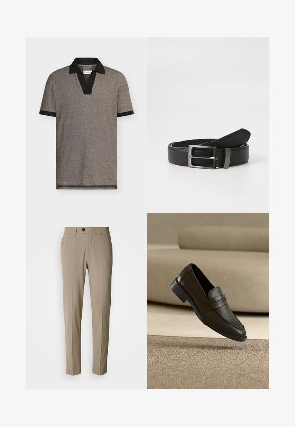 Polo en tejido gris texturizado con cuello y puños de manga en negro. Presenta un diseño de cuello en V, mangas cortas y un dobladillo recto.; Pantalones beige a medida con frente plano, bolsillos laterales, trabillas para cinturón y un cierre con un único botón negro. Textura de tela lisa.; Zapato mocasín de cuero negro descansando sobre una alfombra beige con un sofá beige curvado en el fondo.; Cinturón de cuero negro con hebilla de metal plateada, que presenta un acabado suave y un diseño clásico. El cinturón está neatly doblado.