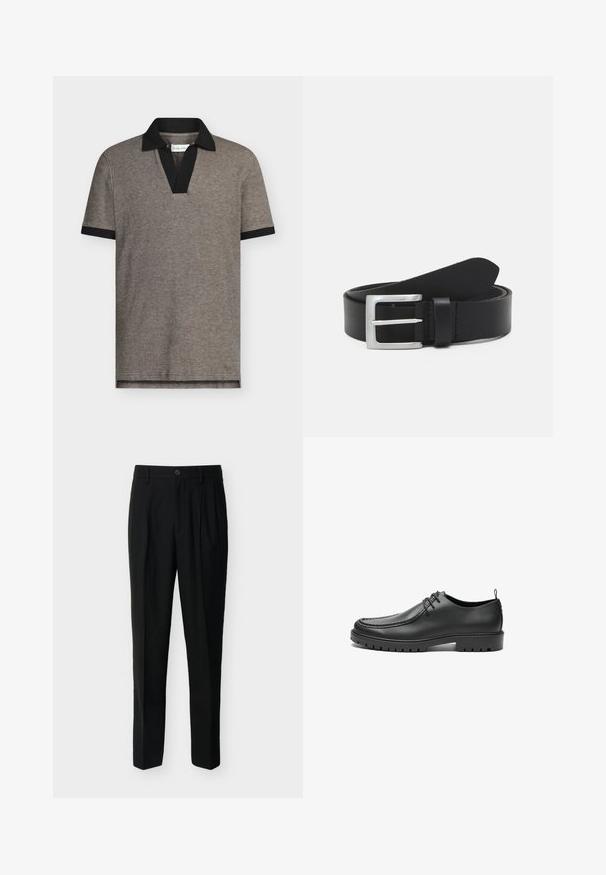 Polo en tejido gris texturizado con cuello y puños de manga en negro. Presenta un diseño de cuello en V, mangas cortas y un dobladillo recto.; Pantalones negros a medida de talle alto con trabillas para cinturón, pinzas delanteras, bolsillos laterales y cierre de botón y cremallera.; Zapatos de cuero negro con un acabado suave, punta redondeada y costuras decorativas. Cuenta con una suela de goma con surcos para tracción y un diseño de cordones.; Cinturón de cuero negro con una textura lisa, hebilla rectangular de plata y un lazo para el extremo. Presenta una costura ordenada a lo largo de los bordes.