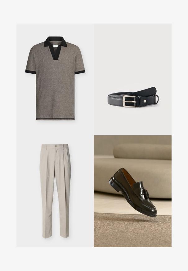 Polo en tejido gris texturizado con cuello y puños de manga en negro. Presenta un diseño de cuello en V, mangas cortas y un dobladillo recto.; Pantalones beige a medida para hombre con pinzas delanteras, trabillas para cinturón, cierre de botones y corte recto, sobre fondo blanco.; Zapato mocasín de cuero negro con borlas flotando sobre una alfombra beige con un sofá beige al fondo.; Cinturón de cuero negro con hebilla rectangular plateada enrollado sobre un fondo blanco liso.