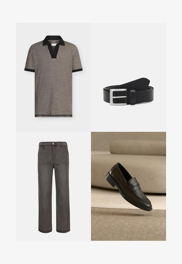 Polo en tejido gris texturizado con cuello y puños de manga en negro. Presenta un diseño de cuello en V, mangas cortas y un dobladillo recto.; Pantalones rectos gris oscuro con cierre de botón y cremallera, presillas para cinturón, bolsillos delanteros y dobladillo cosido sobre un fondo claro.; Zapato mocasín de cuero negro descansando sobre una alfombra beige con un sofá beige curvado en el fondo.; Cinturón de cuero negro con una textura lisa, hebilla rectangular de plata y un lazo para el extremo. Presenta una costura ordenada a lo largo de los bordes.