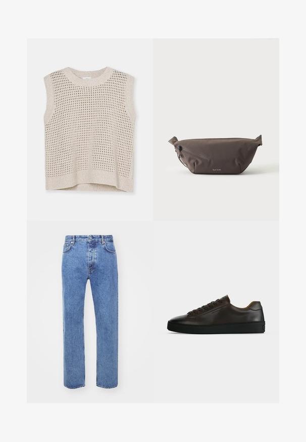Débardeur en tricot sans manches de couleur beige clair avec un motif en maille ouverte, col rond et ourlet côtelé. Texture douce ; design décontracté adapté aux superpositions.; Won Hundred STEVE - Jean boyfriend - cut blue; Baskets basses en cuir marron foncé avec semelle en caoutchouc noire, lacets à l'avant et design minimaliste épuré sur fond clair.; Sac banane en tissu marron foncé avec poche zippée en diagonale et petit logo blanc sur le devant, sur un fond clair uni.