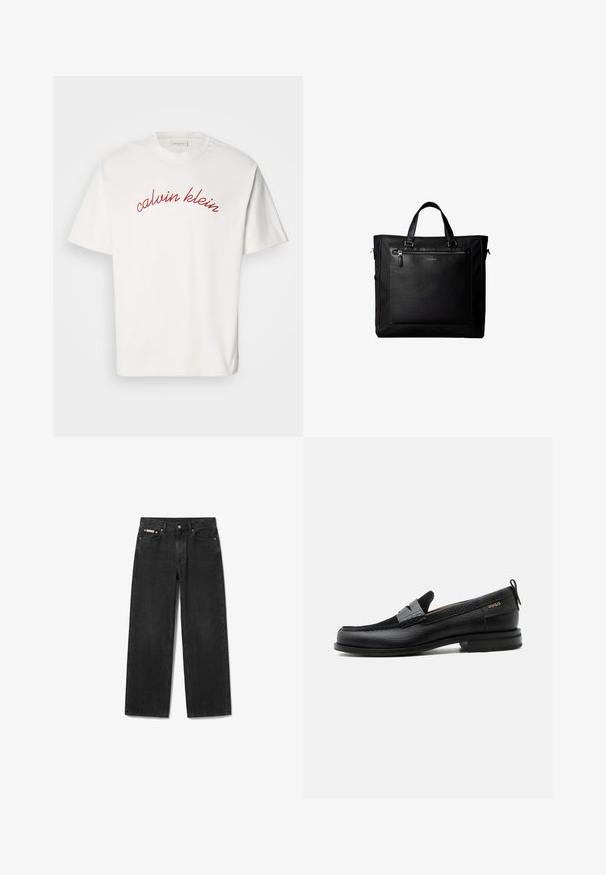Weißes Baumwoll-T-Shirt mit kurzen Ärmeln, das mit kurvenförmigem, rotem gesticktem Text "calvin klein" auf der Brust versehen ist. Klassisches Rundhals-Design.; Schwarze Straight-Leg-Denimjeans mit Vorderknopf und Reißverschluss, fünf Taschen und einem kleinen Markenlabel auf der rechten Vordertasche.; Schwarzer Lederloafer mit grauem Riemendetail, niedrigem Absatz und strukturierter Sohle, seitlich mit „HUGO“ in Gold gebrandmarkt.; Schwarze Tragetasche mit Doppelgriffen, großer vorderer Ledertasche mit Reißverschluss und dezentem Calvin Klein-Logo in der Mitte der Tasche.