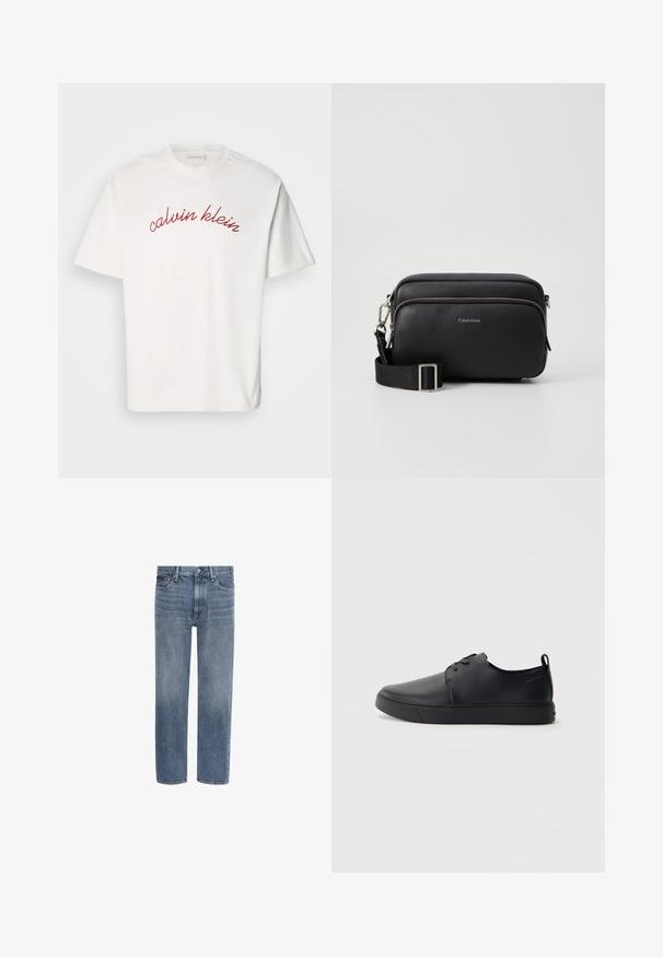 Hvid bomulds t-shirt med korteærmer, der har buet rød broderet tekst "calvin klein" tværs over brystet. Klassisk crew neck design.; Blå straight-leg denim jeans med forlommer, bæltestropper og knaplukning.; Sorte lædersneakers med en glat finish, rund tå, tonalt syning, snøring foran og en flad gummisål. Løkke ved hælen.; Sort læder crossbody taske med to lynlåslommer, struktureret overflade, justerbar rem og sølvhardware detaljer. Calvin Klein-logoet er vist.