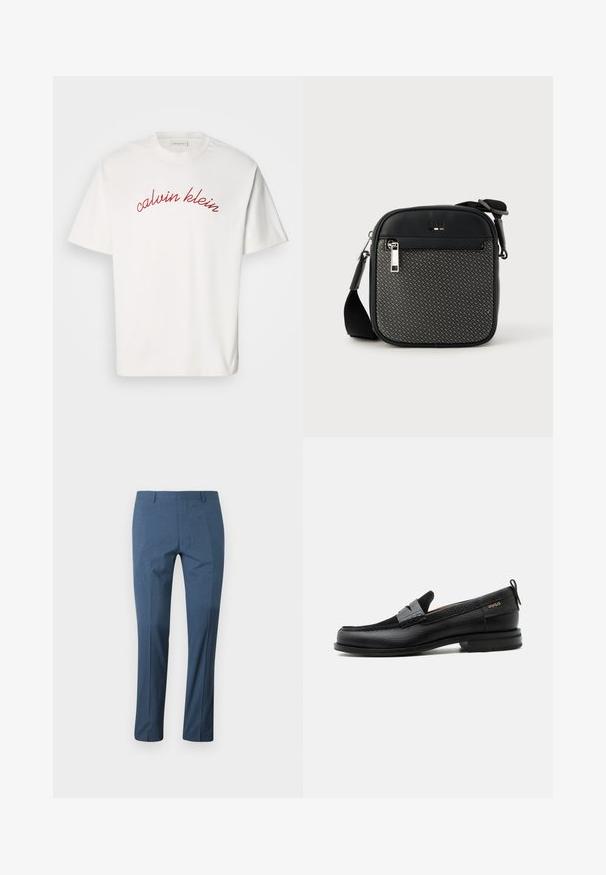 Weißes Baumwoll-T-Shirt mit kurzen Ärmeln, das mit kurvenförmigem, rotem gesticktem Text "calvin klein" auf der Brust versehen ist. Klassisches Rundhals-Design.; Blaue, maßgeschneiderte Herrenhose mit Gürtelschlaufen und schmaler Passform, flach auf einem weißen Hintergrund ausgebreitet.; Schwarzer Lederloafer mit grauem Riemendetail, niedrigem Absatz und strukturierter Sohle, seitlich mit „HUGO“ in Gold gebrandmarkt.; Schwarze Umhängetasche aus synthetischem Leder und gemustertem Stoff. Verfügt über einen Reißverschluss, verstellbaren Riemen und ein Logodetail auf der Vorderseite.