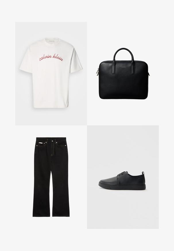 Hvid bomulds t-shirt med korteærmer, der har buet rød broderet tekst "calvin klein" tværs over brystet. Klassisk crew neck design.; Sorte jeans med lige ben, orange syning, fem lommer, knaplukning og et lille Calvin Klein-mærke på den forreste højre lomme.; Sorte lædersneakers med en glat finish, rund tå, tonalt syning, snøring foran og en flad gummisål. Løkke ved hælen.; Sort tekstureret lædermappe med dobbelte håndtag og sølv lynlås, centreret på hvid baggrund.