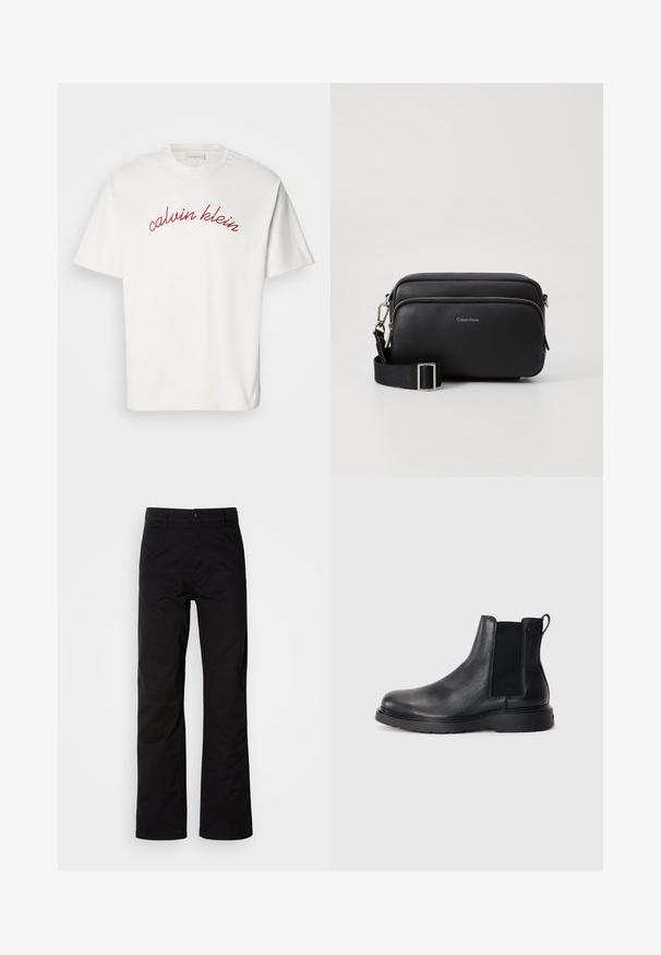 Hvid bomulds t-shirt med korteærmer, der har buet rød broderet tekst "calvin klein" tværs over brystet. Klassisk crew neck design.; Sort bomuldsbukser med lige ben, der har knaplukning og bæltestropper. Glat tekstur og minimalistisk stil uden synlige mønstre.; Sorte læder chelsea støvler med tekstureret finish, elastiske sidepaneler og en robust gummisål. Subtil branding på hælen.; Sort læder crossbody taske med to lynlåslommer, struktureret overflade, justerbar rem og sølvhardware detaljer. Calvin Klein-logoet er vist.