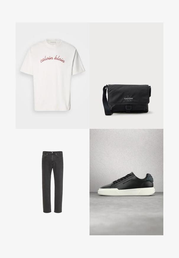 Hvid bomulds t-shirt med korteærmer, der har buet rød broderet tekst "calvin klein" tværs over brystet. Klassisk crew neck design.; Sorte jeans med lige ben i denim med knap- og lynlås-lukning foran, for- og baglommer, vist på hvid baggrund.; Sort lædersneaker med hvid sål, sorte snørebånd og præget mærke, vist flydende over en grå gulv med glasblokvæg i baggrunden.; Sort messenger-taske lavet af holdbart stof med klaplukning, frontspænde og Calvin Klein-logo i sølv. Justerbar rem inkluderet.