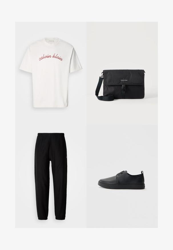 Hvid bomulds t-shirt med korteærmer, der har buet rød broderet tekst "calvin klein" tværs over brystet. Klassisk crew neck design.; Sorte træningsbukser med elastisk talje, tapered ben og manchetter. Glat stoftekstur. Logo detalje på siden.; Sorte lædersneakers med en glat finish, rund tå, tonalt syning, snøring foran og en flad gummisål. Løkke ved hælen.; Sort Calvin Klein messenger-taske med justerbar skulderrem og frontklap sikret med spænde, vist mod en ensfarvet baggrund.
