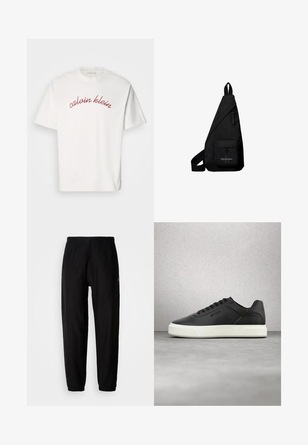 Hvid bomulds t-shirt med korteærmer, der har buet rød broderet tekst "calvin klein" tværs over brystet. Klassisk crew neck design.; Sorte træningsbukser med elastisk talje, tapered ben og manchetter. Glat stoftekstur. Logo detalje på siden.; Sorte lædersneakers med hvid gummisål, rundet tå og flade snørebånd. Teksturdetaljer på siderne, minimalistisk design.; Sort trekantet crossbodytaske med frontlomme med lynlås med Calvin Klein-logo og justerbar rem.