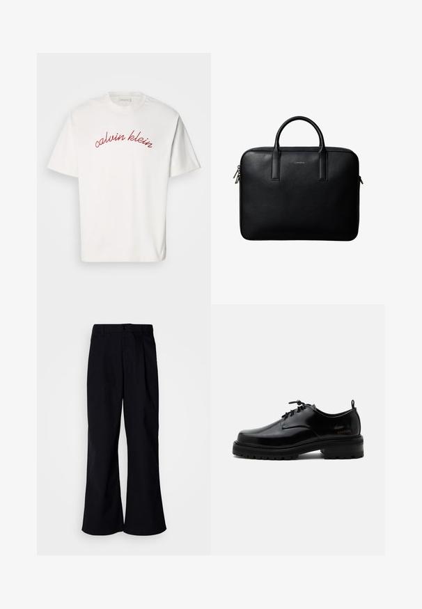 Weißes Baumwoll-T-Shirt mit kurzen Ärmeln, das mit kurvenförmigem, rotem gesticktem Text "calvin klein" auf der Brust versehen ist. Klassisches Rundhals-Design.; Schwarze, weit geschnittene Baumwollhosen mit einem vorderen Faltenwurf, Knopfverschluss und Gürtelschlaufen, glatte Textur und keine sichtbaren Muster.; Schwarzer polierter Lederschnürschuh mit dicker Gummisohle und niedrigem Absatz, seitlichem Marken-Schriftzug "SAMSOE" und hinterer Zuglasche.; Schwarze strukturierte Lederaktentasche mit zwei Griffen und silbernen Reißverschlussanhängern, zentriert auf weißem Hintergrund.