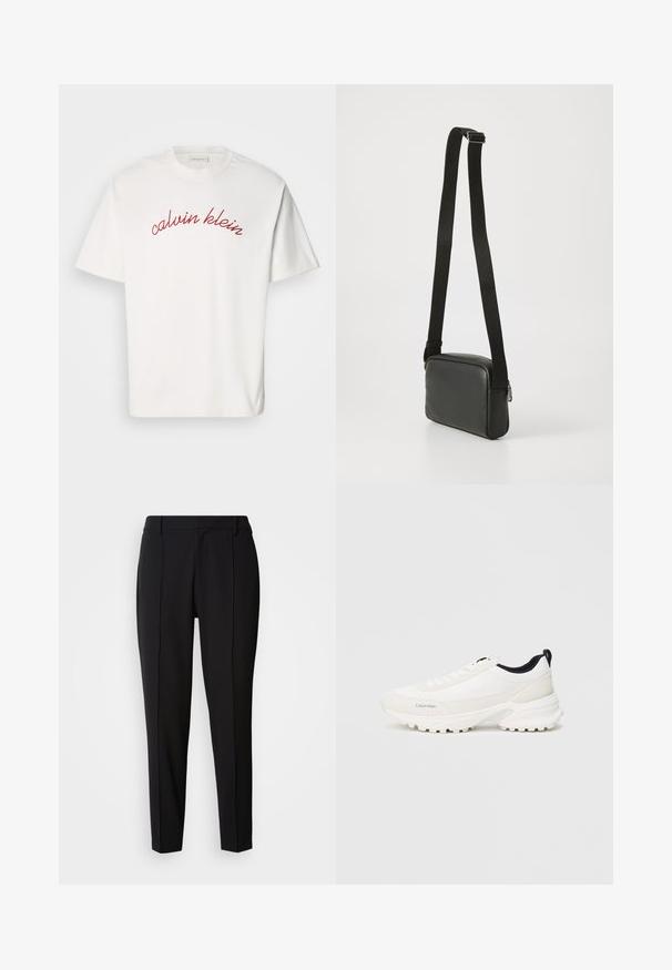 Witte katoenen t-shirt met korte mouwen, met gebogen rode geborduurde tekst "calvin klein" over de borst. Klassiek ontwerp met ronde hals.; Calvin Klein PULL ON - Broek - black; Witte sportieve schoenen met een zachte bovenkant en gevoerde kraag, voorzien van een kenmerkende textuurzool voor grip en subtiele branding aan de zijkant.; Zwarte leren schoudertas met een gladde textuur, rechthoekige vorm, verstelbare zwarte schouderband en zilveren ritsdetail.