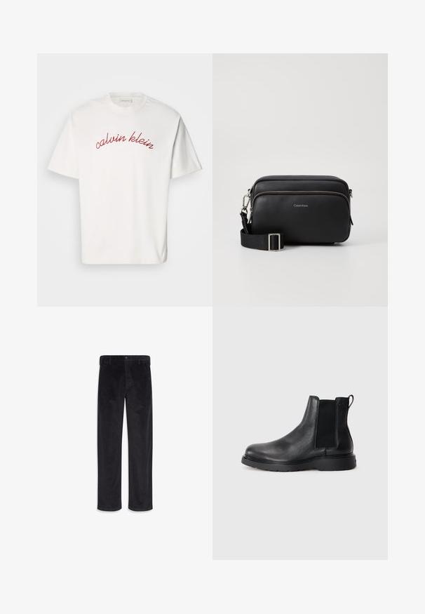 Hvid bomulds t-shirt med korteærmer, der har buet rød broderet tekst "calvin klein" tværs over brystet. Klassisk crew neck design.; Sorte, lige bukser i ribstof med knap- og lynlåslukning, bæltestropper og sidelommer.; Sorte læder chelsea støvler med tekstureret finish, elastiske sidepaneler og en robust gummisål. Subtil branding på hælen.; Sort læder crossbody taske med to lynlåslommer, struktureret overflade, justerbar rem og sølvhardware detaljer. Calvin Klein-logoet er vist.