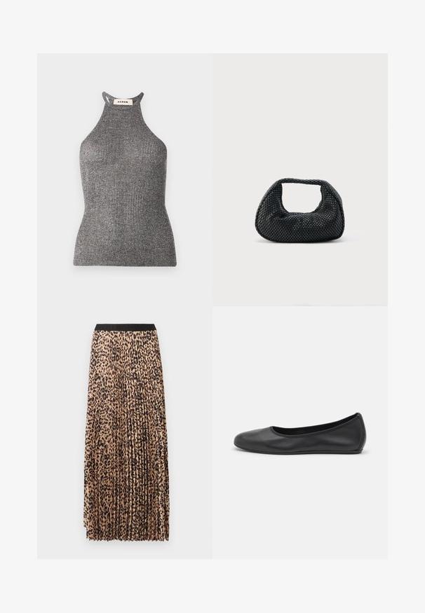 Grå halterneck top lavet af ribbet tekstil, med en tætsiddende silhuet og høj halsudskæring med åbne sider. Mærket er synligt ved halsen.; Plisseret maxinederdel i beige med sort leopardprint. Har en sort taljebånd, blød tekstur og flydende design.; Sort læderballetsko med rund tå, glat tekstur, minimal syning og et fleksibelt såldesign.; Sort flettet hobo-taske med blød struktur og integreret håndtag, vist på en ensfarvet lys baggrund.